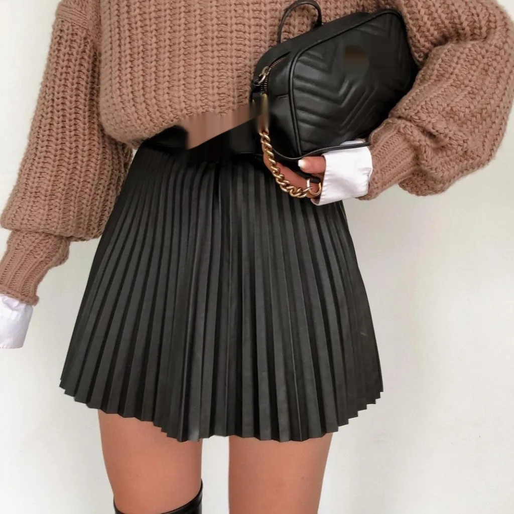 Women's Pleated Solid Colour Skirt With Zipper - Black