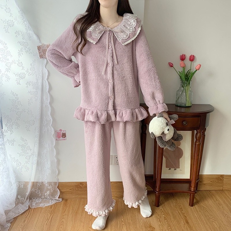 Coral Fleece Autumn And Winter Thick Warm Classic Style Pajamas Suit Ladies