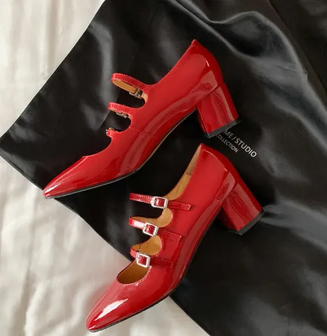 Women's Round Toe Buckle Thick Mid Heel Pumps Shoes Red - Shop at LoveMi
