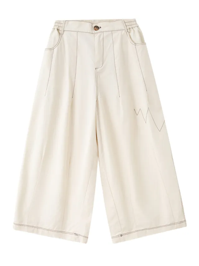 Loose Artistic Wind Line Cropped Wide leg Pants Milky White - Shop at LoveMi