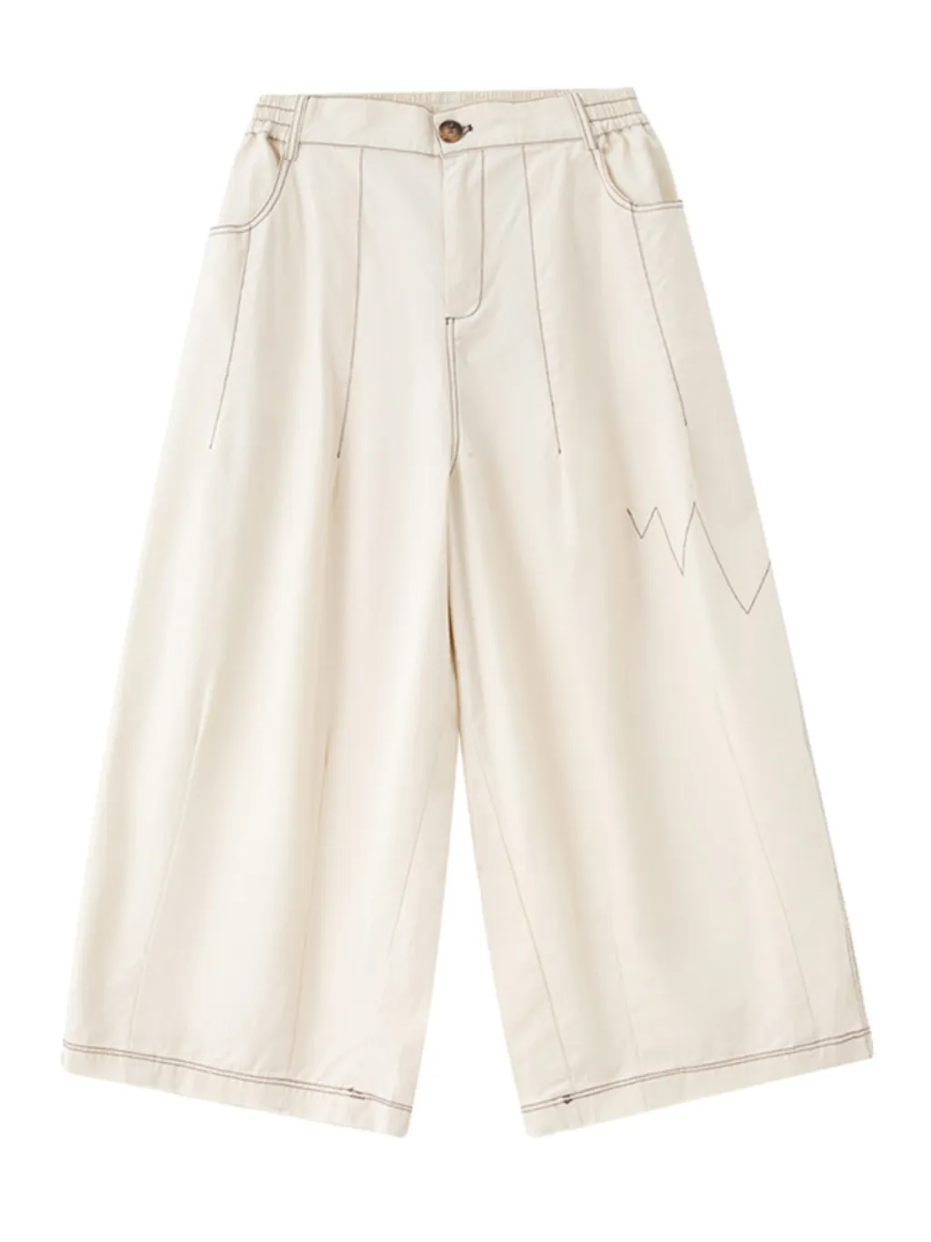 Loose Artistic Wind Line Cropped Wide-leg Pants - Milky White