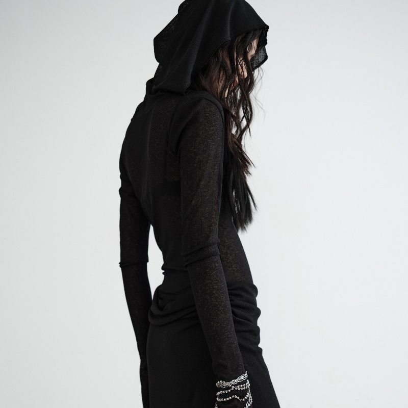 Dark Style Semi-transparent Knitted False Two Pieces Layered Hooded Dress