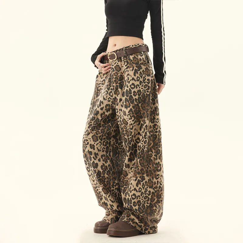 Loose Plus Size Retro Street Loose Wide Leg Leopard Patterned Pants - Brown