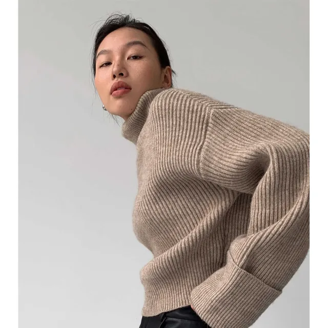 Women's Loose Casual High Neck Sweater Oatmeal Color - Shop at LoveMi
