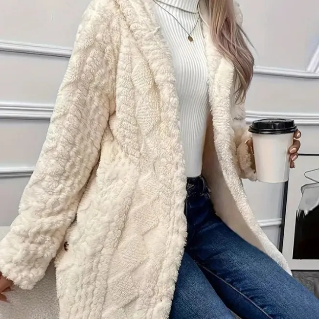 Hooded Cardigan Button Long Jacket Winter Solid Color Long Sleeve Coat - White