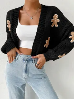Knitted Sweater With Gingerbread Man Pattern V-Neck Spring Autumn Winter Gingerbread Man Cardigan - Black - View 1