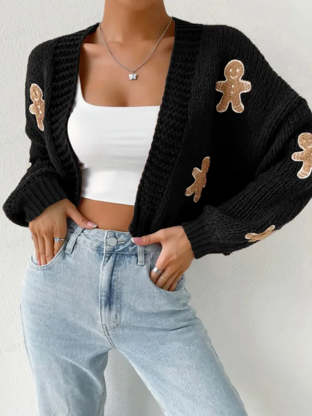 Knitted Sweater With Gingerbread Man Pattern V Neck Spring Autumn Winter Gingerbread Man Cardigan Black - Shop at LoveMi