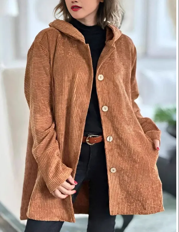 Women's Corduroy Hooded Jacket Fashion Warm Pockets Button Mid length Top Casual Fall Winter Outwear Clothing Ginger 2Xl - Shop at LoveMi