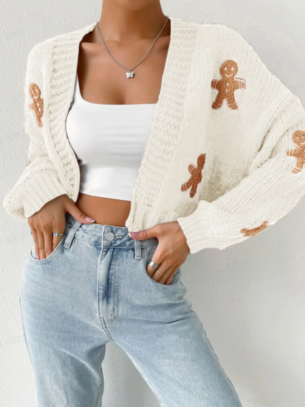 Knitted Sweater With Gingerbread Man Pattern V-Neck Spring Autumn Winter Gingerbread Man Cardigan - Apricot
