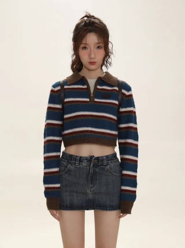 Vintage Women's Loose Contrast Color Striped Polo Collar Sweater Coffee - Shop at LoveMi