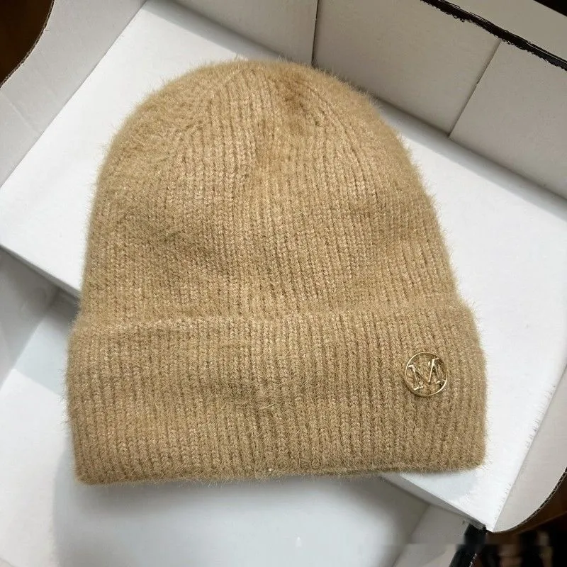 Autumn And Winter New Knitted Women Fleece-lined Thickened All-matching Woolen Cap - Khaki