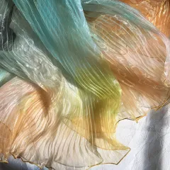 Blue Gradient Organ Pleated Large Wave Laser Organza Water Light Yarn Pleated Gown Fabric Designer Fabric - Blue And Yellow Tie Dye - View 1
