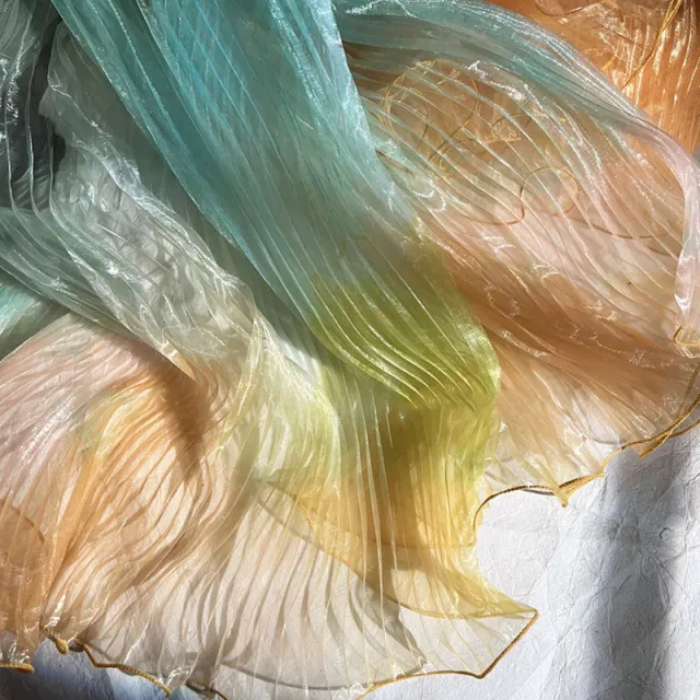 Blue Gradient Organ Pleated Large Wave Laser Organza Water Light Yarn Pleated Gown Fabric Designer Fabric Blue And Yellow Tie Dye - Shop at LoveMi