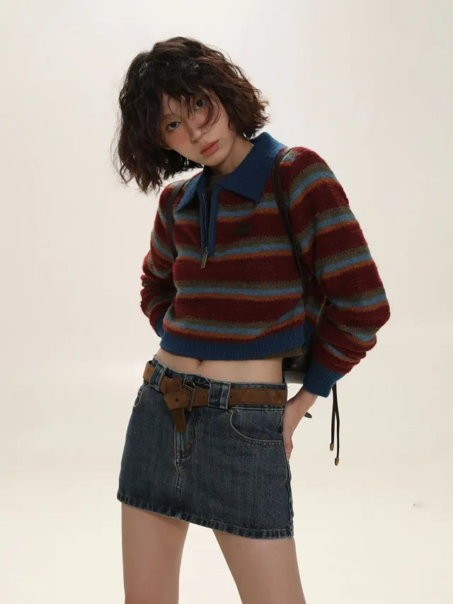 Vintage Women's Loose Contrast Color Striped Polo Collar Sweater Blue - Shop at LoveMi