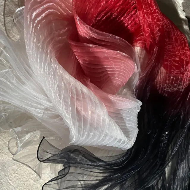 Blue Gradient Organ Pleated Large Wave Laser Organza Water Light Yarn Pleated Gown Fabric Designer Fabric Red And Black Gradient - Shop at LoveMi