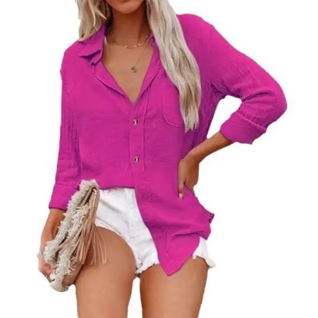 Women's Solid Color Cotton Linen Casual Shirt Rose Red - Shop at LoveMi
