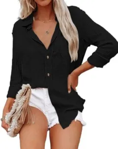Women's Solid Colour Cotton Linen Casual Shirt - Black - View 1
