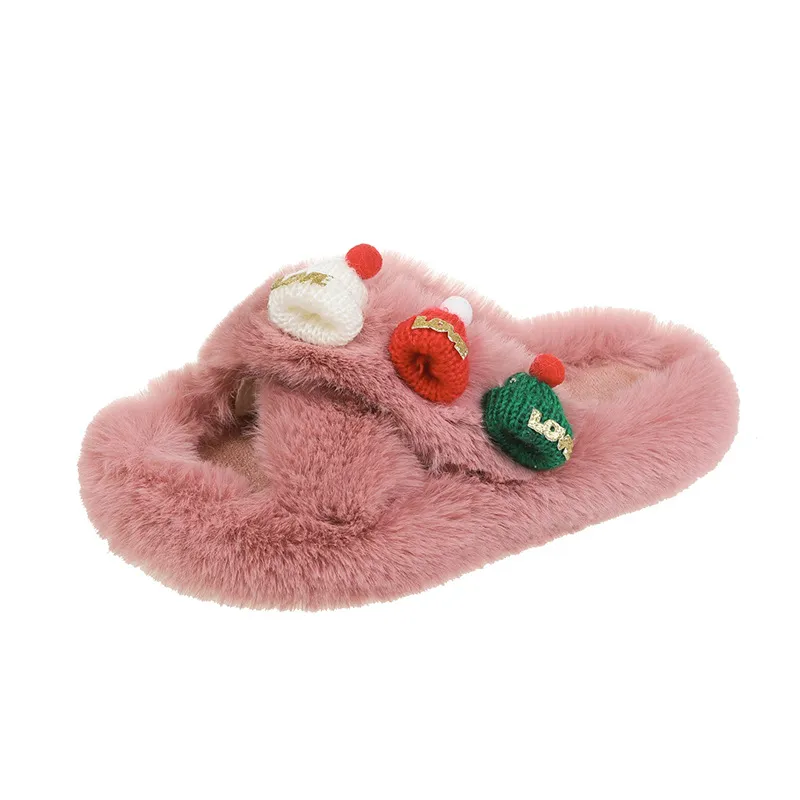 Christmas Hat Fluffy Slippers Women's Warm Toe Covering Cotton Slippers - Pink