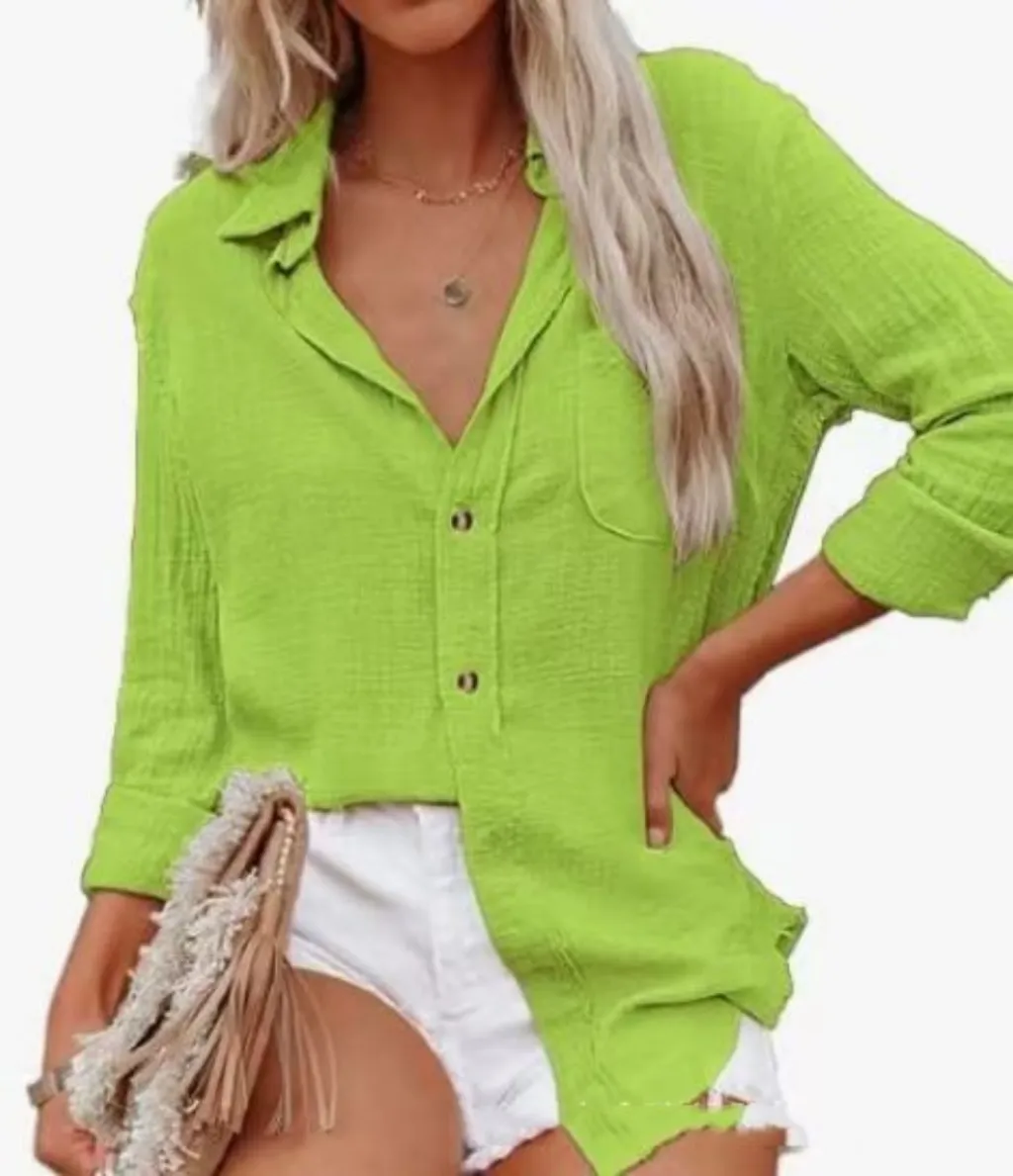 Women's Solid Color Cotton Linen Casual Shirt - Yellowgreen