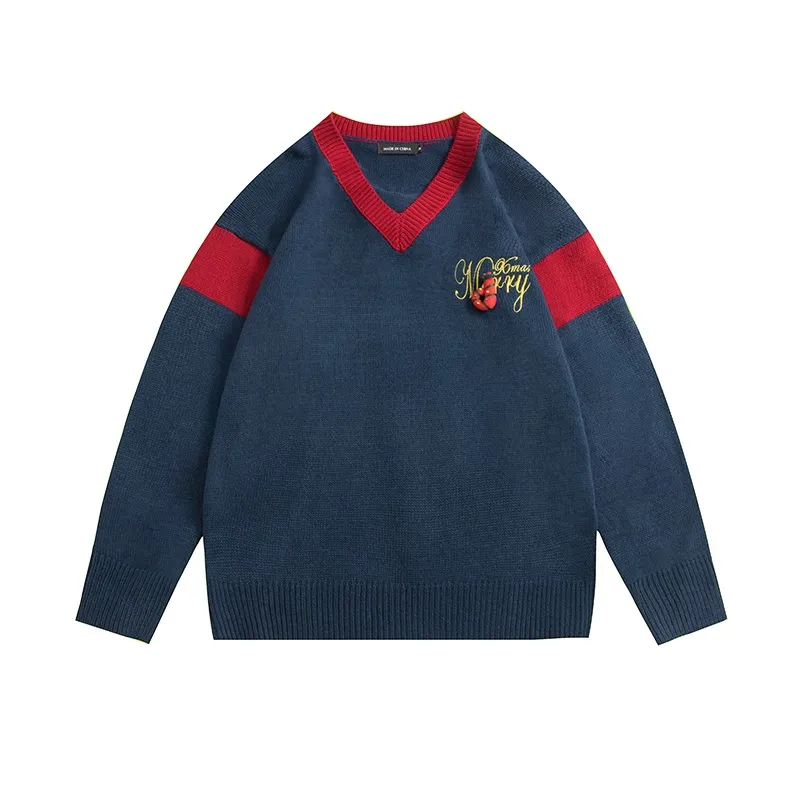 Color-blocking Bow V-neck Sweater Women's Loose Christmas Sweater - Blue