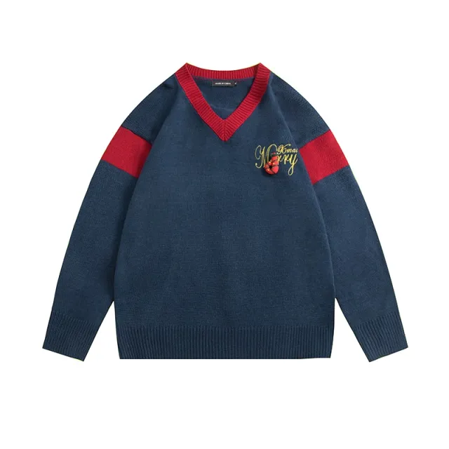 Color blocking Bow V neck Sweater Women's Loose Christmas Sweater Blue - Shop at LoveMi