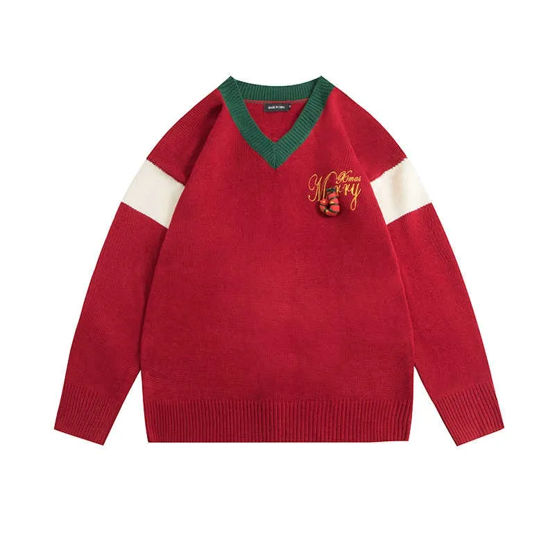 Color-blocking Bow V-neck Sweater Women's Loose Christmas Sweater - Red