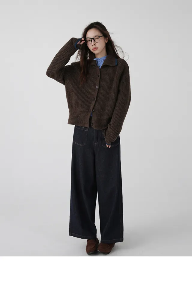 Color Blocking Collar Single Breasted Wool Knitted Cardigan Jacket Coffee Color - Shop at LoveMi