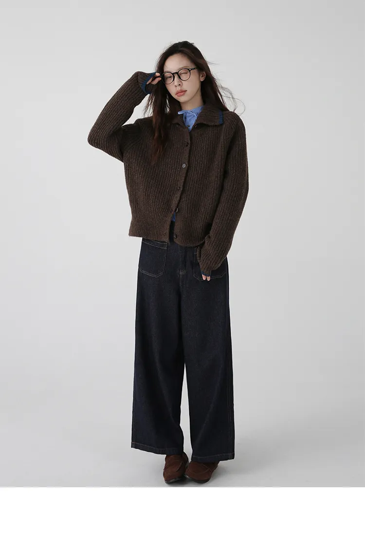 Color Blocking Collar Single Breasted Wool Knitted Cardigan Jacket - Coffee Color
