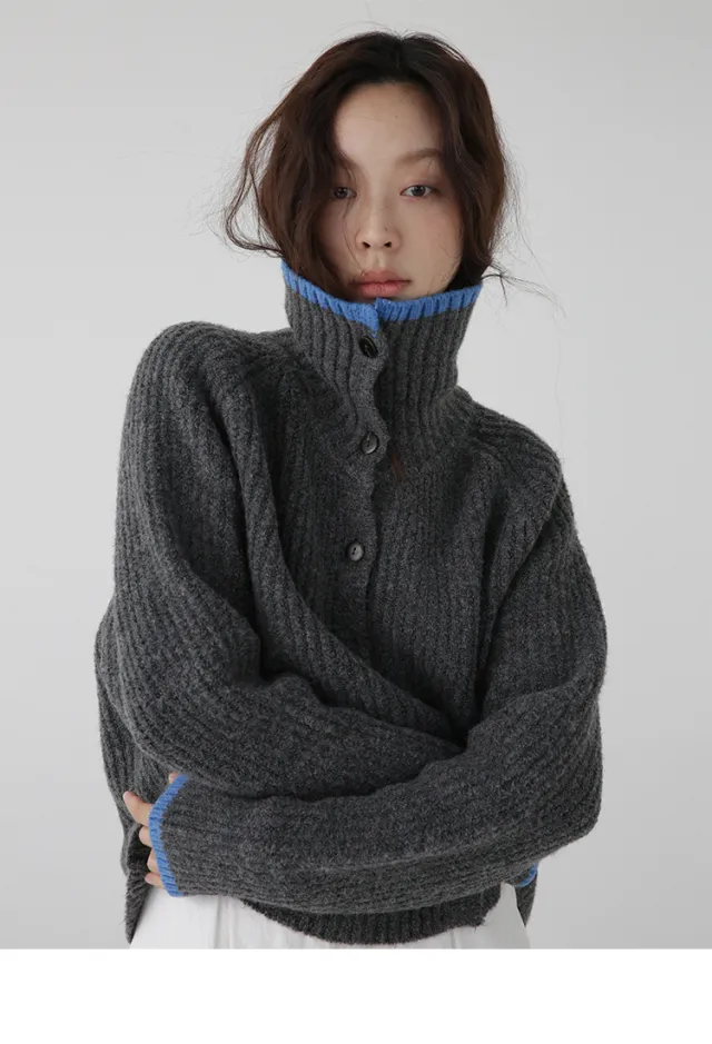 Color Blocking Collar Single Breasted Wool Knitted Cardigan Jacket Grey - Shop at LoveMi