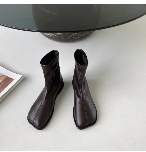 Fashion New Thick Heel Women's Martin Boots Square Toe Short Tube - Coffee