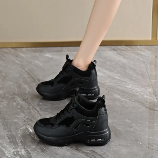 Casual Leather Plus Size Hidden Heel Platform Sneaker Black - Shop at LoveMi