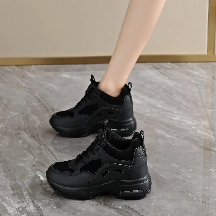 Casual Leather Plus Size Hidden Heel Platform Sneaker - Black