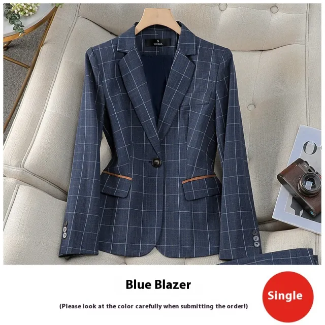 Apricot Plaid Suit Female British Style Elegant And Capable Blue Plaid Coat - Shop at LoveMi