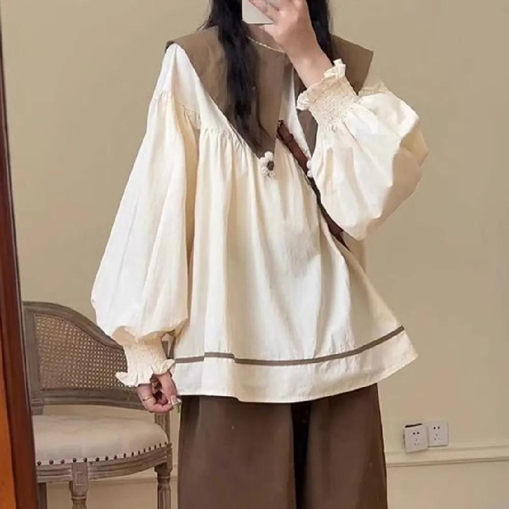 Autumn Doll Collar Shirt Brown Vest High Waist Wide Leg Pants - Brown
