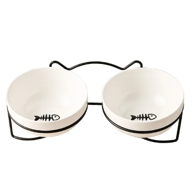 Ceramic Cat Bowl Food Basin Dog Drinking Water Fish Bone Black Double - Shop at LoveMi