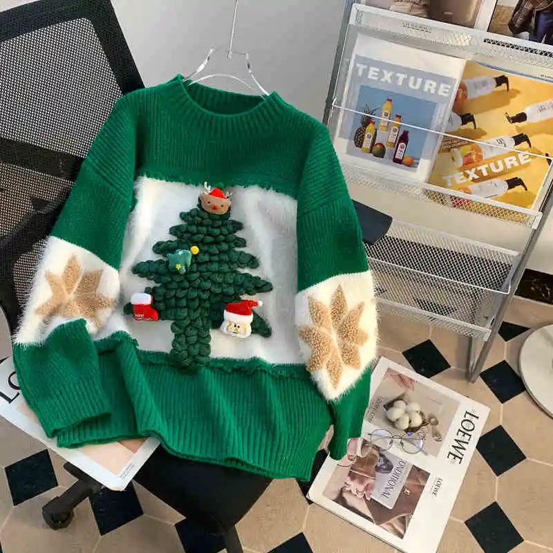 Pullover Loose Red Christmas Style Theme Sweater - Green