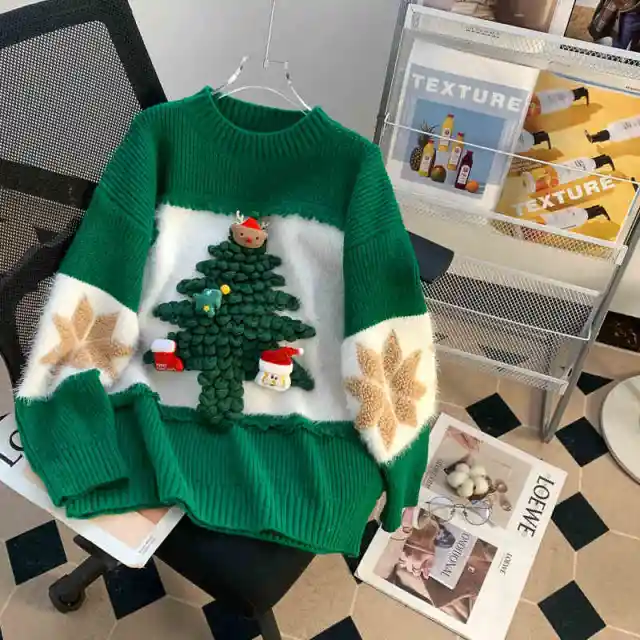 Pullover Loose Red Christmas Style Theme Sweater Green - Shop at LoveMi