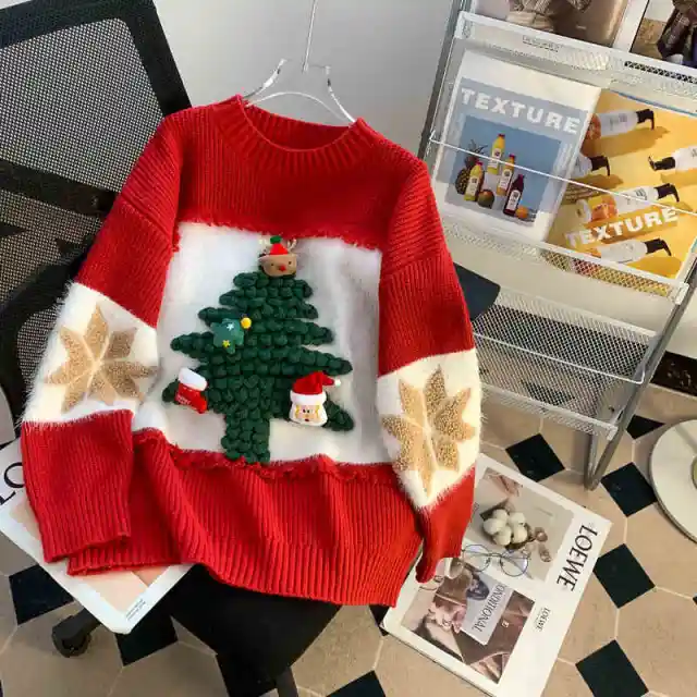 Pullover Loose Red Christmas Style Theme Sweater Red - Shop at LoveMi