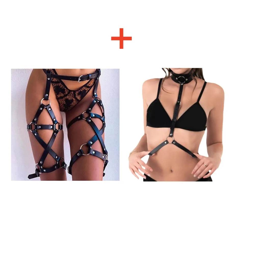 Double-row Cross Adjustable Leather Leg Ring Belt Integrated Suspenders - Suit