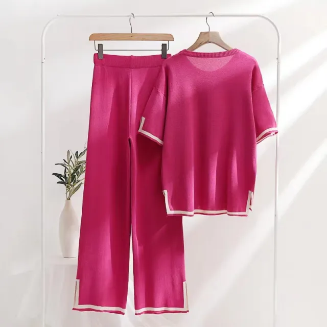 Color Contrast Split Short sleeved Knitwear High waisted Slimming Wide leg Trousers Long Pants Rose Red - Shop at LoveMi