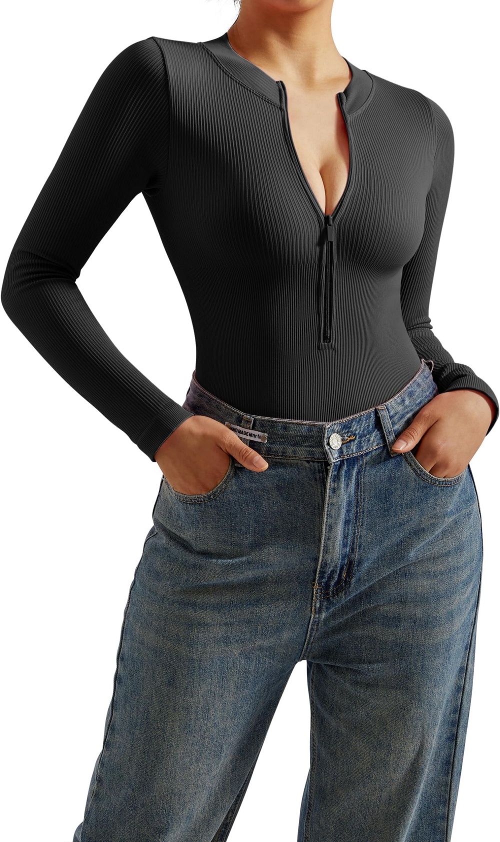 Threaded Long Sleeved Zipper Thong Jumpsuit