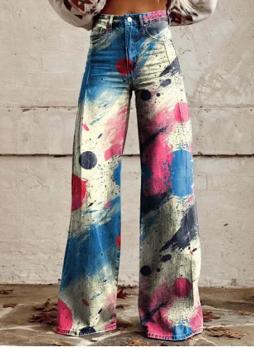 Fashion Women's Printed High Waist Loose Thin Imitation Denim Wide Leg Pants Awpxq1128 M - Shop at LoveMi