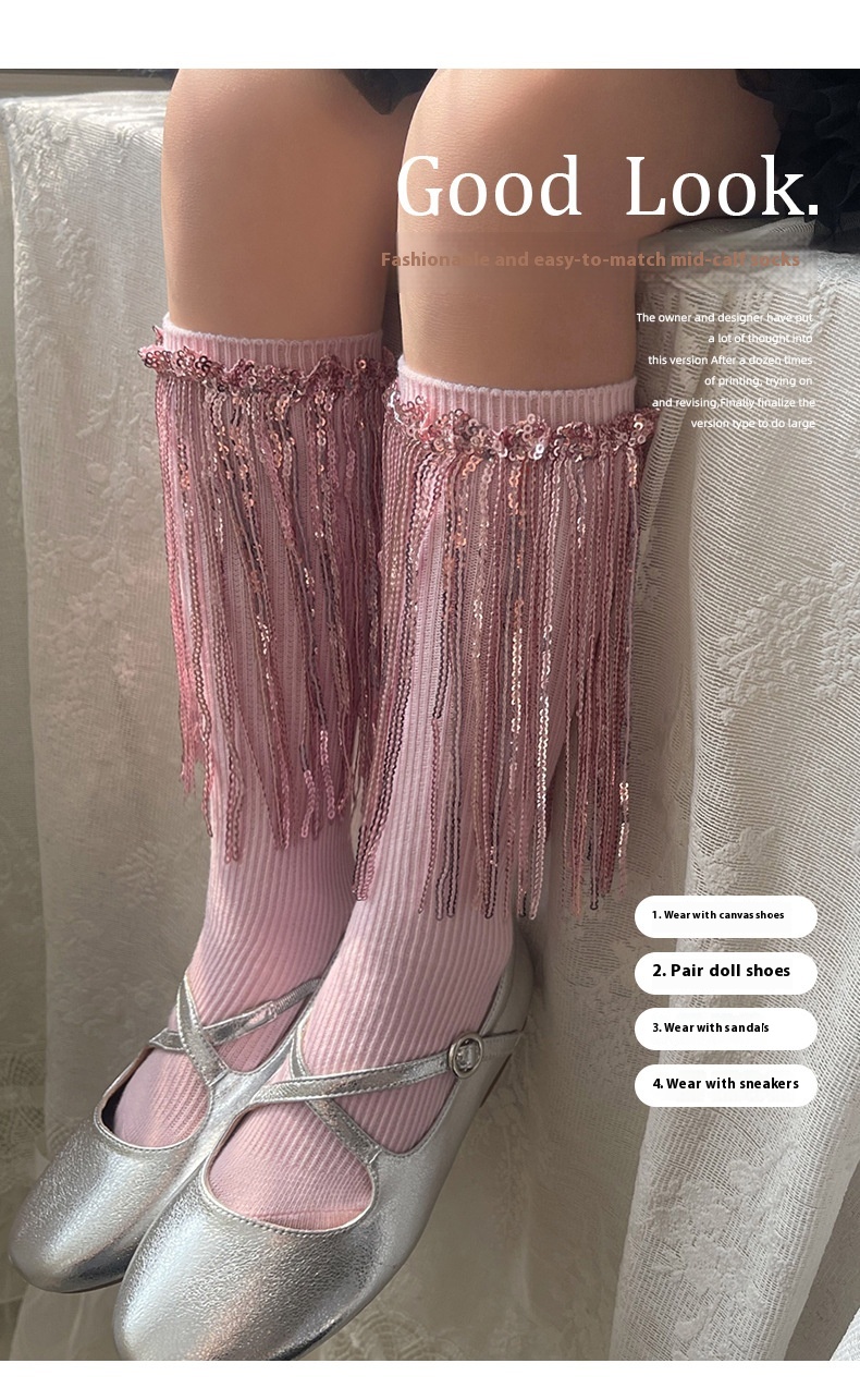 Title 4, Girls Sequins Tassel Calf Socks