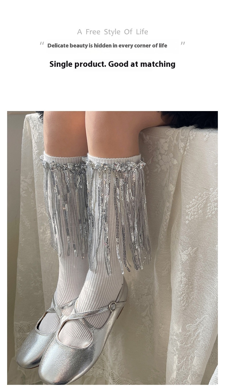 Title 10, Girls Sequins Tassel Calf Socks