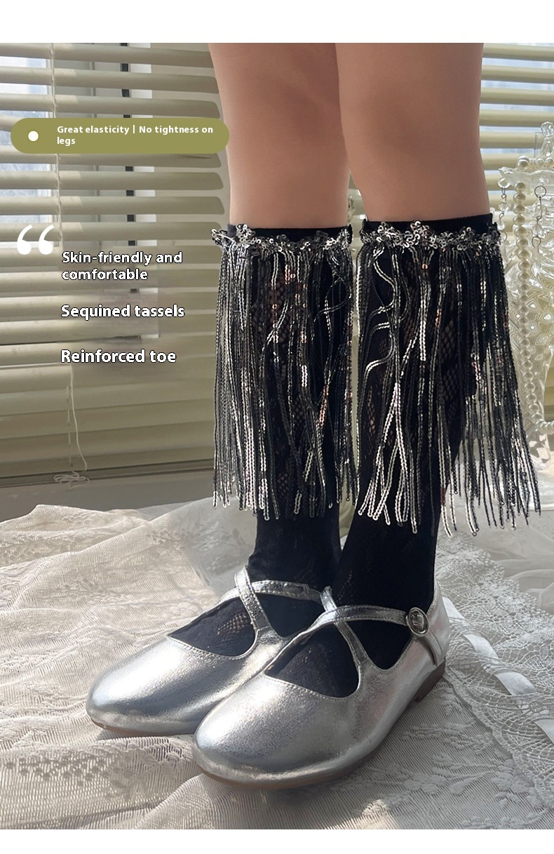 Title 5, Girls Sequins Tassel Calf Socks