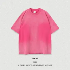 Retro Washed Short Sleeve Round Neck T-shirt - Rose Red - View 1