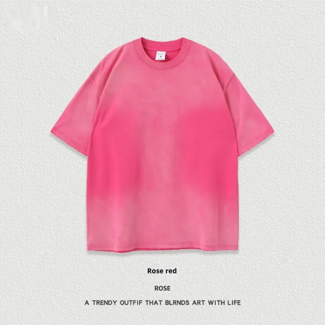 Retro Washed Short Sleeve Round Neck T shirt Rose Red - Shop at LoveMi
