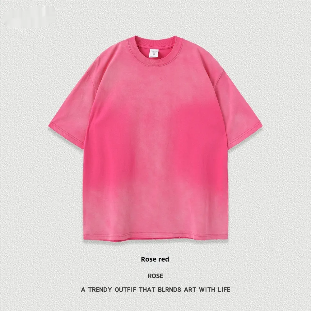 Retro Washed Short Sleeve Round Neck T-shirt - Rose Red