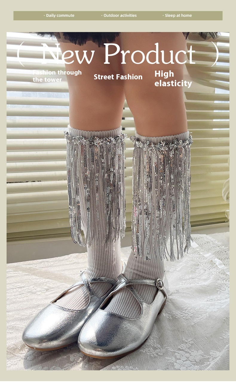 Title 1, Girls Sequins Tassel Calf Socks