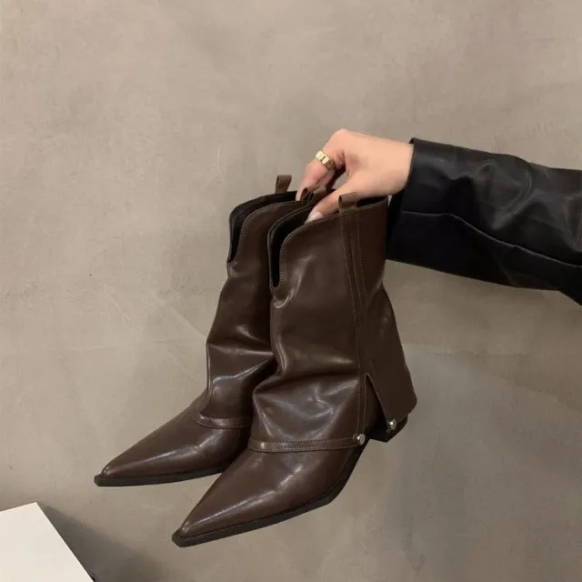 Women's Mid calf Pointed Chunky Heel High Heel Fashion Boots Brown - Shop at LoveMi